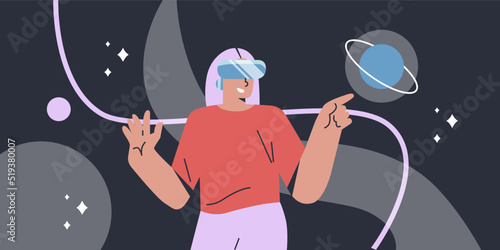 Metaverse digital cyber world technology, woman with virtual reality VR goggle playing AR augmented reality game and entertainment. Flat vector.