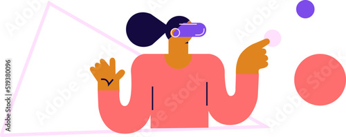 Metaverse digital cyber world technology, woman with virtual reality VR goggle playing AR augmented reality game and entertainment. Flat vector.