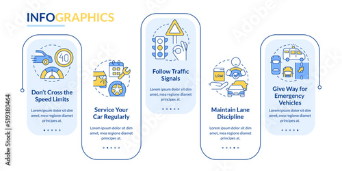 Common driving safety rules blue rectangle infographic template. Data visualization with 5 steps. Editable timeline info chart. Workflow layout with line icons. Lato-Bold, Regular fonts used