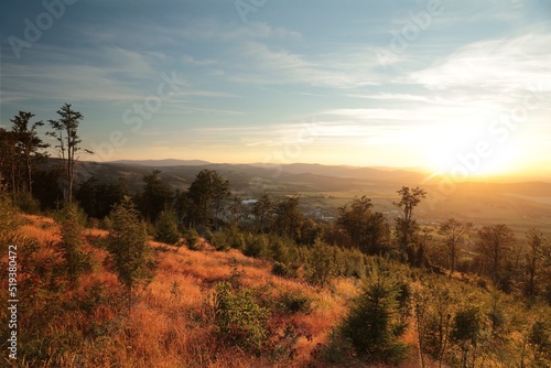 View from the Mount Biskupia Kopa at sunset. Sudetes Mountains in Central Europe  Poland