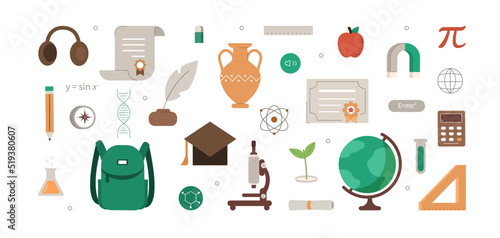 Education illustration set. School and preschool subjects items. Globe, pen, diploma and other educational supplies. Back to school concept. Vector illustration.
