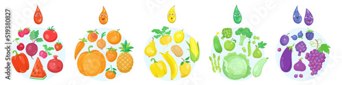 Colorful fruits and vegetables arranged by the colors of the rainbow into groups. In cartoon style. Isolated on white background. Vector flat illustration.