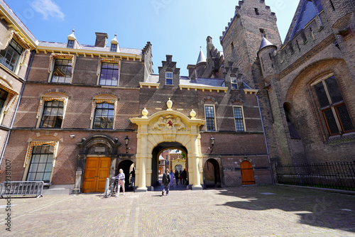 Binnenhof parliament building view of the gate entrance of courtyard, The Hague, The Netherlands