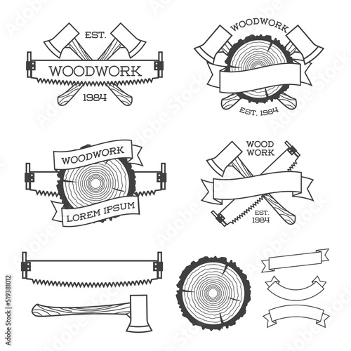 Woodwork label set with saw, ax and tree ring. Posters, stamps, banners and design elements. Isolated on white background. Wood work and manufacture label templates. Vector illustration.