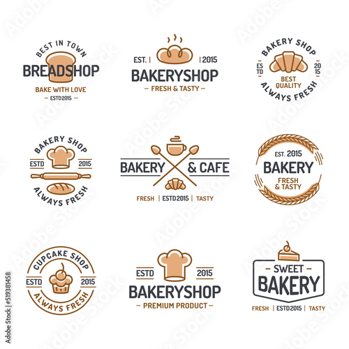 Bakery logo set consisting of icons bread, cupcake, croissant, cup of coffee, spica for corporate identity baking firm, loaf store, food market, coffee shop, cafe. Vector Illustration