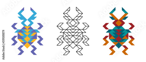 Geometric shapes beetle. Logo. Insect mosaic from polygons. A collection of beetles. Linear and flat sketch vector illustration.