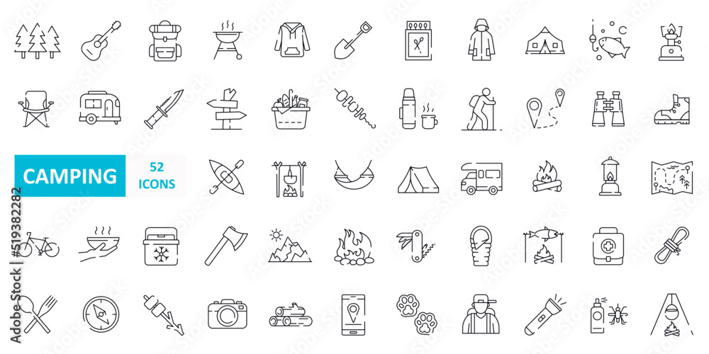 Vector camping icons. Camp, vacation, tourism, hiking, travel. thin line web icon set. Simple vector illustration. Vector camping icons. Camp, vacation, tourism, hiking, travel. thin line web icon set. Simple vector illustration.