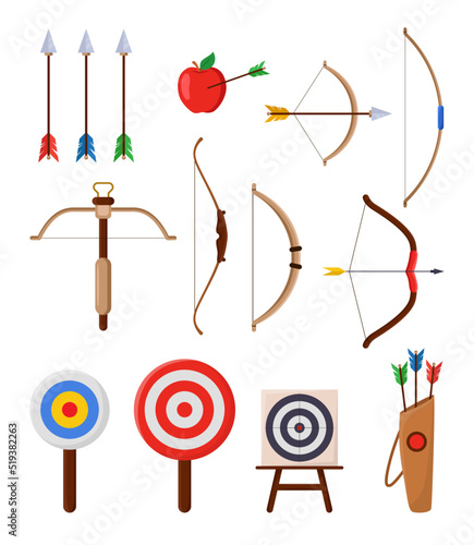 Different archery elements vector illustrations set. Equipment for archery, different bows, arrows, targets, apple isolated on white background. Sports, archery concept for game design