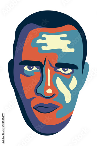 Portrait of a man with a displeased face, the portrait is made with color spots, flat vector, isolate on white, grimace on the face