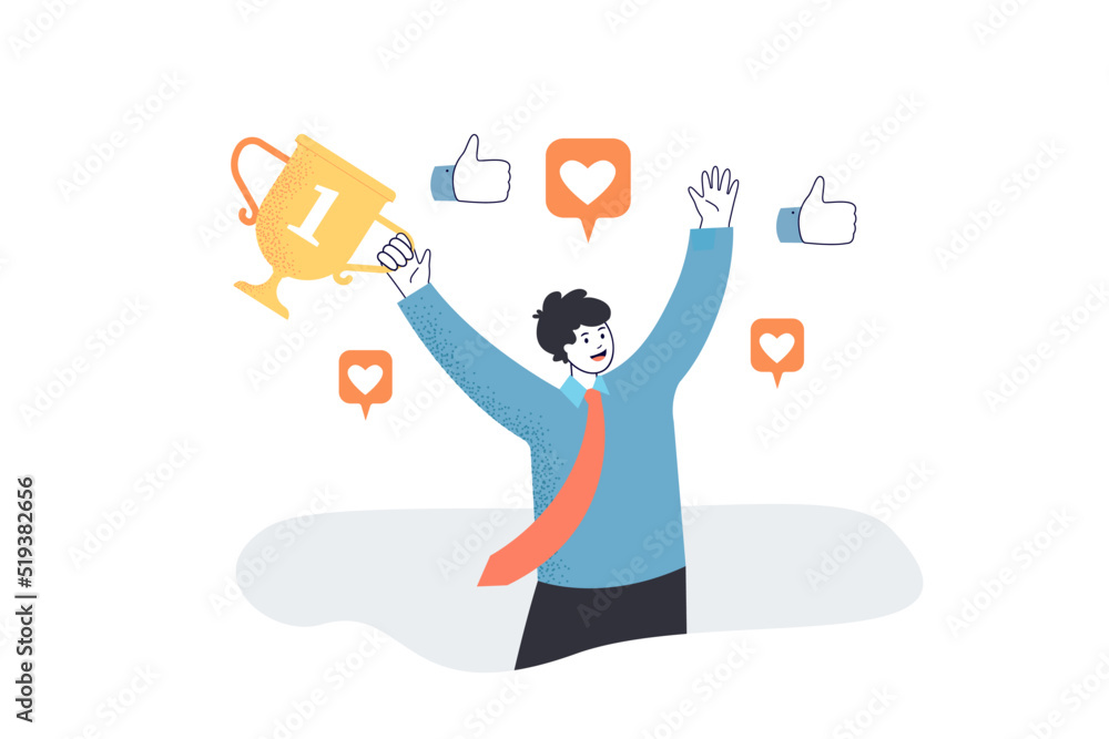 Praise to employee with golden cup of winner. Man with thumbs up and likes signs to evaluate high performance flat vector illustration. Best work concept for banner, website design or landing web page Praise to employee with golden cup of winner. Man with thumbs up and likes signs to evaluate high performance flat vector illustration. Best work concept for banner, website design or landing web page