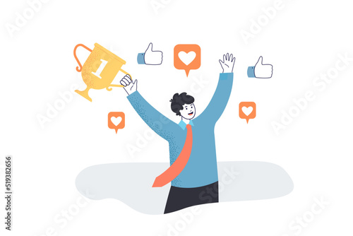 Praise to employee with golden cup of winner. Man with thumbs up and likes signs to evaluate high performance flat vector illustration. Best work concept for banner, website design or landing web page