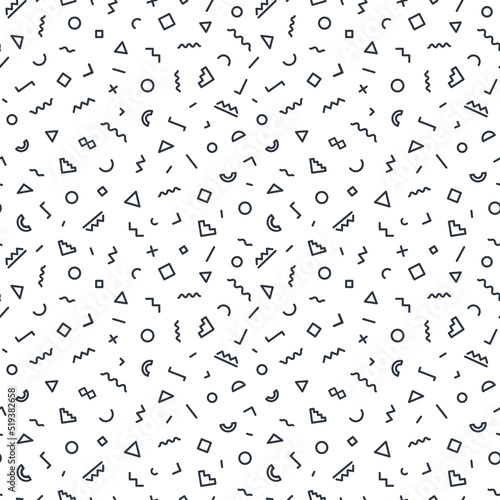 Geometric seamless pattern black color consisting of stroke geometric shapes on white background for use on stickers, banners, cards, advertisement. Geometric pattern hipster memphis style. Vector