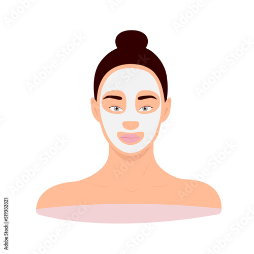 Girl face with open eyes in facial mask on isolated white background vector illustration
