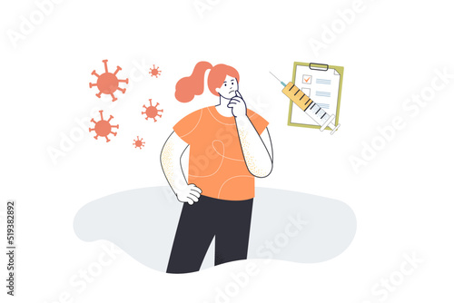 Hesitant woman in doubt about need for vaccination. Tiny girl with coronavirus cells and vaccine syringe flat vector illustration. Reluctance concept for banner, website design or landing web page