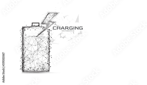 Abstract outline low poly alkaline battery charging electric vector. Polygon particle and dot line wireframe connection with energy charge system illustration concept background.