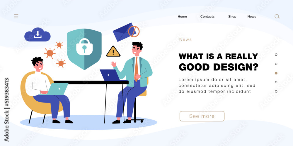 People protecting data privacy from viruses and phishing. Tiny persons sitting with laptops flat vector illustration. Antivirus protection concept for banner, website design or landing web page People protecting data privacy from viruses and phishing. Tiny persons sitting with laptops flat vector illustration. Antivirus protection concept for banner, website design or landing web page