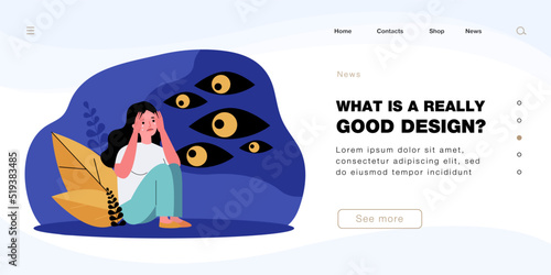 Spooky eyes looking at crying girl in darkness. Frightened woman scared of dark at night flat vector illustration. Fear, phobia, horror concept for banner, website design or landing web page