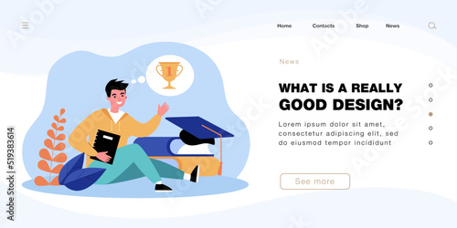 Students dreams of gold cup of winner in competition or study. Happy boy sitting near graduate cap and books flat vector illustration. Graduation concept for banner, website design or landing web page