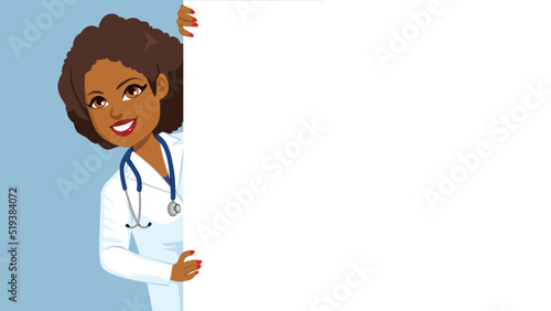 Beautiful happy professional female doctor peeking out of a blank billboard
