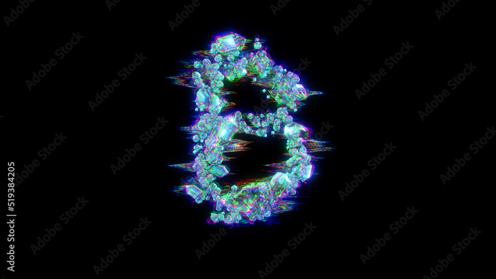 style cybernetical blue glitch font - bitcoin sign on black, isolated - object 3D rendering