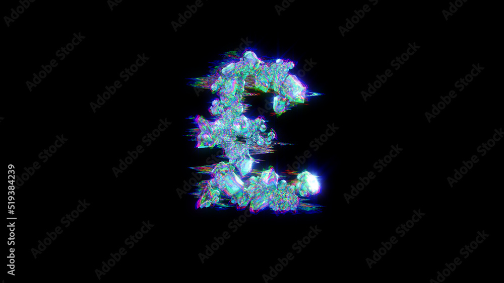 style cybernetical blue glitch alphabet - pound symbol on black, isolated - object 3D rendering