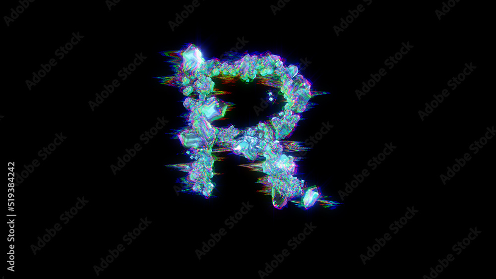 style cybernetical blue dichroic font - letter R on black, isolated - object 3D rendering