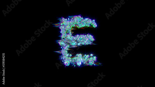 style cybernetic blue glitch alphabet - letter E on black, isolated - object 3D illustration