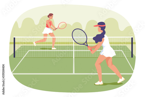 Two female tennis players with rackets on court. Women playing tennis together outside flat vector illustration. Tennis, competition, sports concept for banner, website design or landing web page