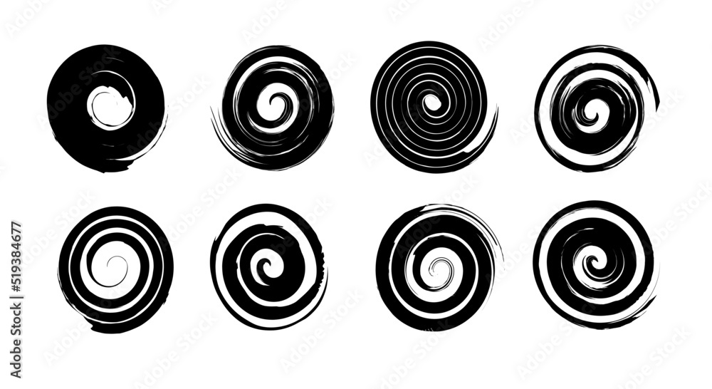 A set of grunge spirals and curls in black. Vector elements for design design. Universal symbols and elements.
