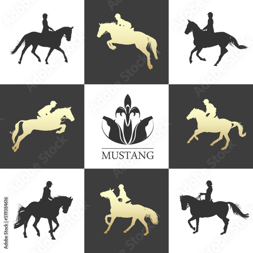 Vector set illustration, rider controls running horse, competition dressage, jumping