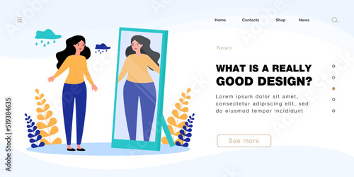 Sad slim woman seeing overweight girl in mirror. Insecure female character fat in reflection flat vector illustration. Diet, eating disorder, health, beauty concept for banner or landing web page