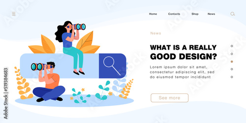 Search engine with tiny people looking through binoculars. Man and woman doing research flat vector illustration. Search, information, internet, technology concept for banner or landing web page