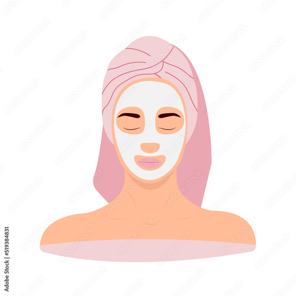Head of girl with towel in skin beauty mask with closed eyes isolated on white background vector illustration Head of girl with towel in skin beauty mask with closed eyes isolated on white background vector illustration