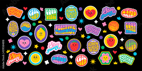 Stickers pack with phrases. Set of trendy pins, various patches, labels or stamps. Vector illustration in retro flat design. 