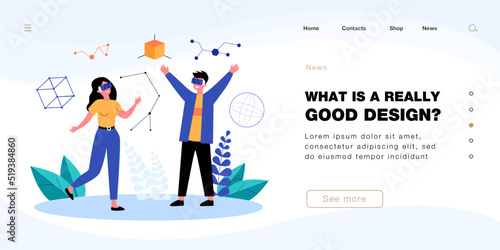Users in VR glasses working with 3d figures. Education and work in virtual reality of man and woman flat vector illustration. Future, innovation concept for banner, website design or landing web page