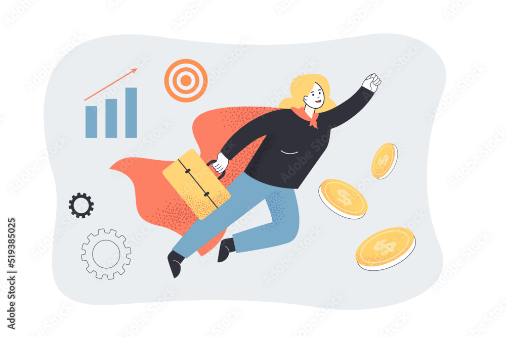 Businesswoman in cape of superhero flying to business success. Tiny superwoman with superpower flat vector illustration. Confidence, leadership concept for banner, website design or landing web page Businesswoman in cape of superhero flying to business success. Tiny superwoman with superpower flat vector illustration. Confidence, leadership concept for banner, website design or landing web page