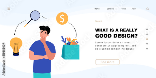 Male character planning grocery shopping for cooking. Lightbulb, magnifying glass, coin and ingredients in bag symbols flat vector illustration. Startup, shopping concept for banner or landing page
