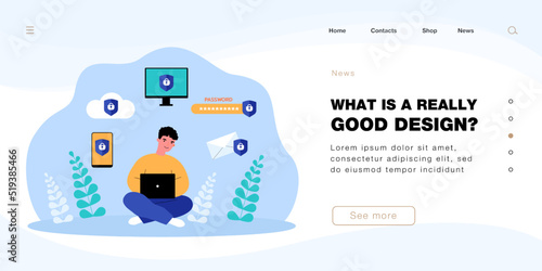 Man protecting private information. Person using lock of authorization on cloud storage, phone, computer flat vector illustration. Cyber security concept for banner, website design or landing web page