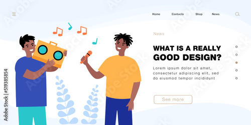 Male young friends singing fun duet song with loud voice. Boys holding boombox and microphone flat vector illustration. Music, karaoke, youth concept for banner, website design or landing web page