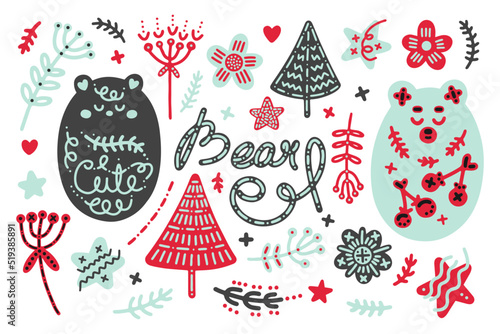 Festive Christmas vector set in scandinavian folk style. Cute cartoon dreamy teddy bears with ornaments, trees, twigs, flowers, stars and inscription for postcards, posters, prints, patterns, textiles