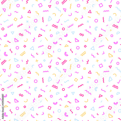 Memphis seamless pattern consisting of geometric shapes and line different color for use branding project, identity, business card, banner, flyer, site, decoration. Vector Illustration