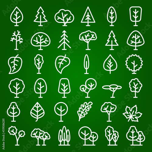 set of tree and leaf icons line style for natural product store  garden  nature cosmetics  ecology company  naturally firm  organic shop  alternative medicine  green unity  farming. Vector 10 eps