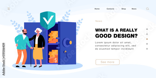 Protection of elder peoples money savings in bank safe. Financial care for tiny old man and woman flat vector illustration. Pension, insurance concept for banner, website design or land eb page