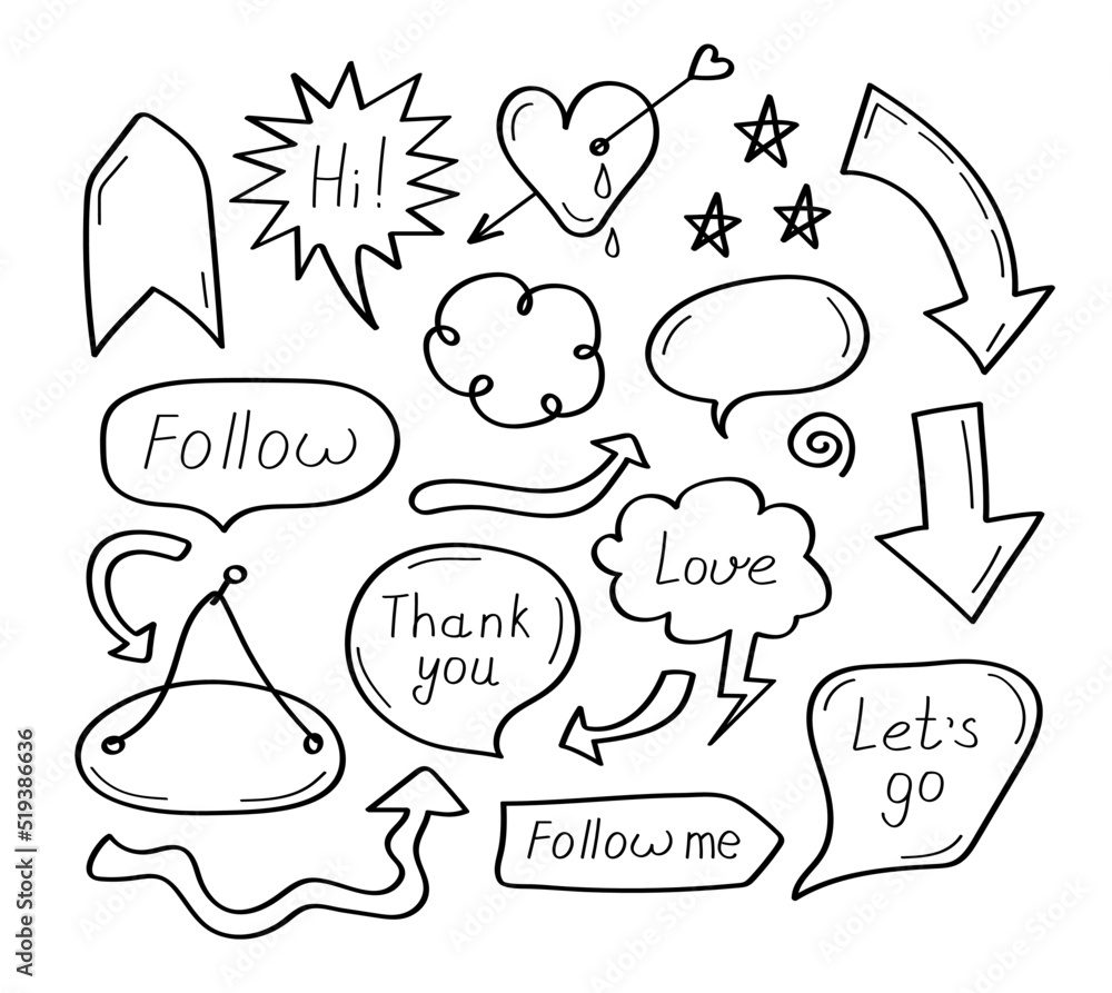 Hand drawn arrows, talk bubbles with follow me, hello, hi. Doodle infographics elements vector. Symbol cloud, splash, explosion, heart for web