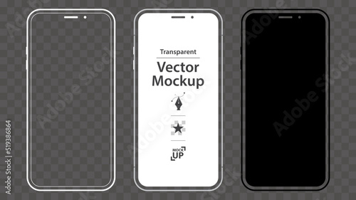 Mobile Phone Vector Mockup Design Set. Smartphone template with black, white, transparent screen.