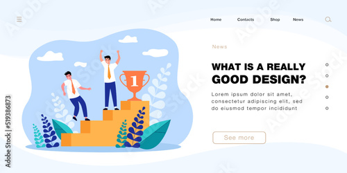 Winner reaching gold cup on top of stairs. Male employee falling off staircase flat vector illustration. Competition, victory, rivalry concept for banner, website design or landing web page