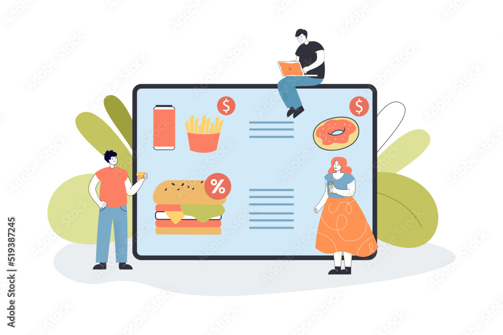 People ordering fast food in restaurant menu of mobile app. Takeout meal for tiny male and female characters flat vector illustration. Order concept for banner, website design or landing web page People ordering fast food in restaurant menu of mobile app. Takeout meal for tiny male and female characters flat vector illustration. Order concept for banner, website design or landing web page