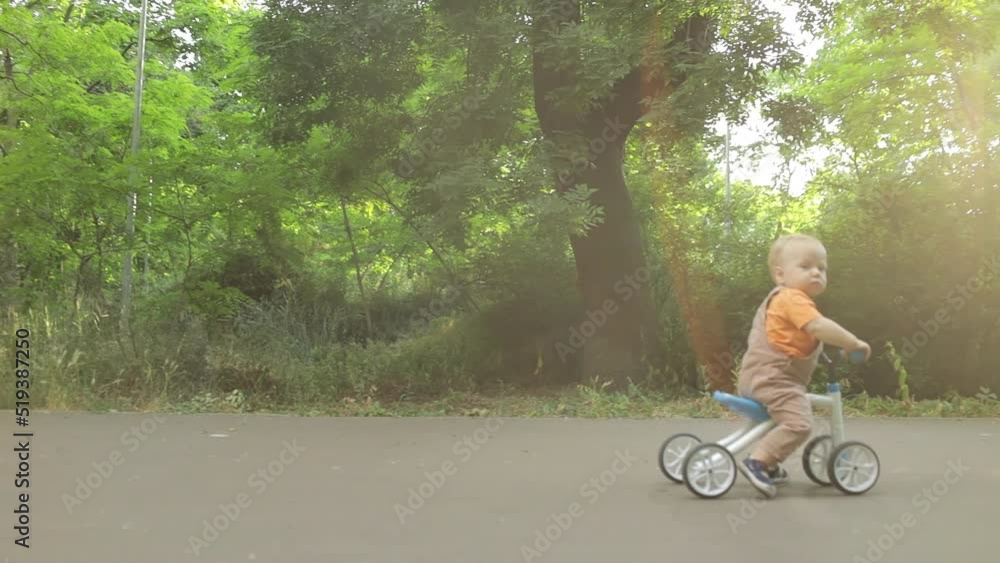 Active baby learns to ride a balance bike. A small child tries to ride a bike in a sunny park. The kid dreams of becoming a biker Active baby learns to ride a balance bike. A small child tries to ride a bike in a sunny park. The kid dreams of becoming a biker