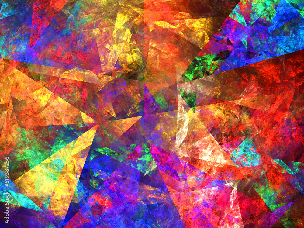 Imagen de arte geométrico digital compuesta de formas triangulares sobrepuestas en colores vivos en un conjunto que simula ser la explosión y rotura de un espejo cósmico.