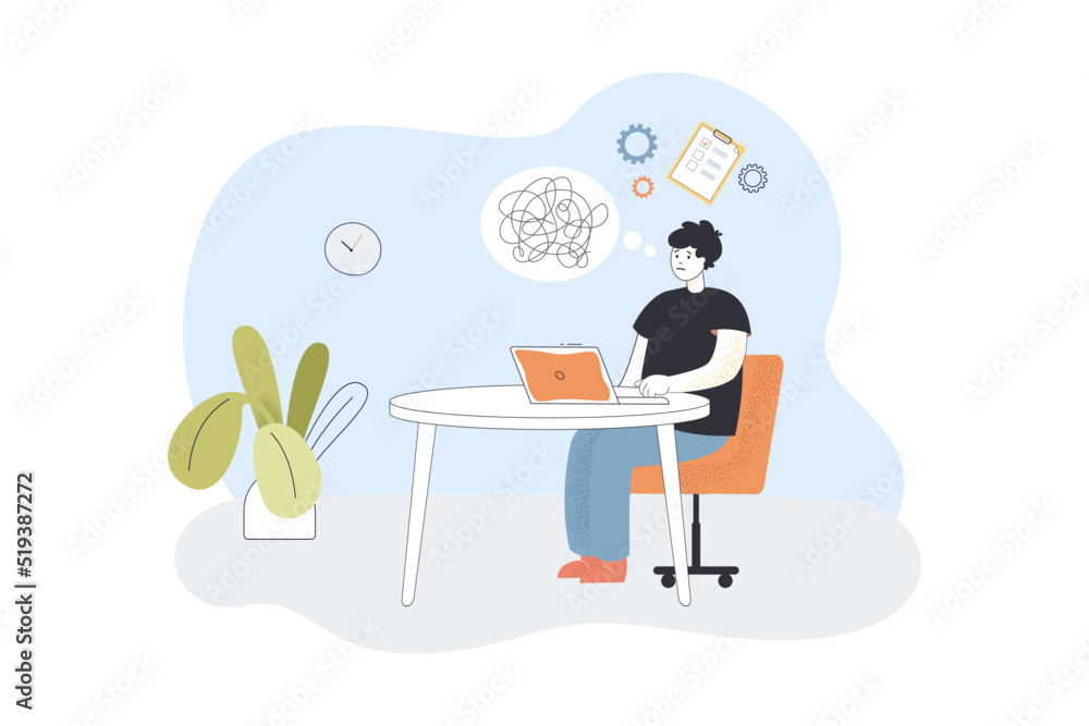 Sad office worker with work problem sitting at desk with laptop. Stress due to chaos in documents of man flat vector illustration. Challenge concept for banner, website design or landing web page Sad office worker with work problem sitting at desk with laptop. Stress due to chaos in documents of man flat vector illustration. Challenge concept for banner, website design or landing web page